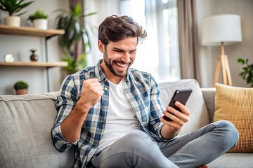 Excited man celebrating success on smartphone.