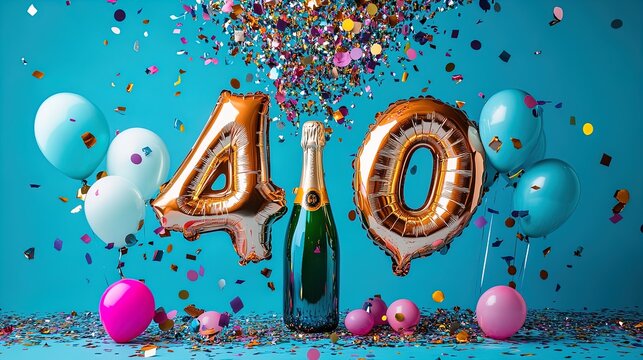Celebrate 40 in Style: A Festive Poster Featuring Shiny '40' Balloons and Colorful Confetti from a Champagne Bottle Against a Bright Cerulean Background - Perfect for Any Celebration!