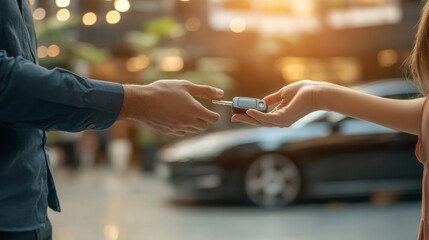 Car Dealership Handover: Young Female Sales Agent Presenting Vehicle Keys to Male Customer. Automotive Purchase, Lease, or Rental Service Concept. Business Transaction in Minimalist Setting for Car De
