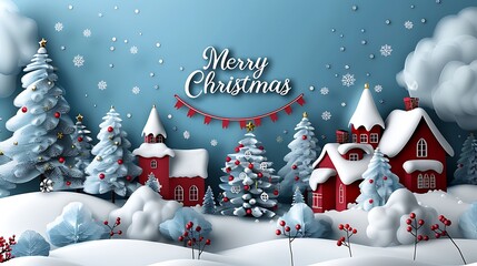 A whimsical paper-cut village with a large Christmas tree in the center, "Merry Christmas" written across a festive banner hanging above, soft pastel colors, delicate shadows, intricate details,