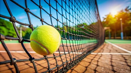 Tennis ball stuck in the net on a tennis court, sports, tennis, ball, net, court, competition, game, equipment, failure