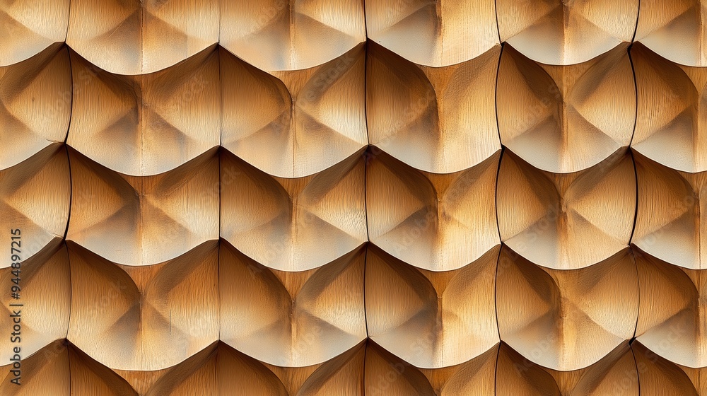 Poster textured wooden surface featuring a repeating pattern of curved, overlapping shapes. the wood has a 