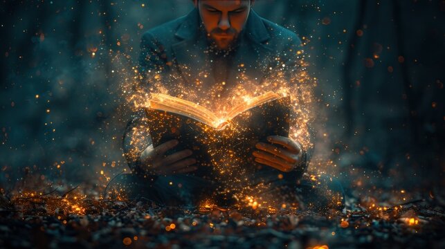 A man sitting in a dark forest, reading a magic book, surrounded by mystical glowing light.