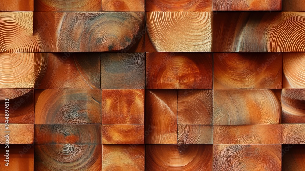 Poster a textured wall made of wooden blocks in various shades of brown and orange, featuring circular patt