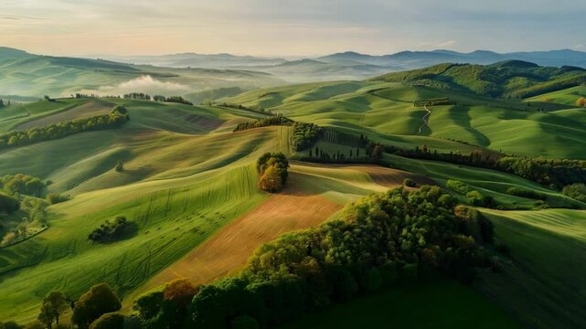 Bird's-eye view of a picturesque countryside with rolling hills and fields.