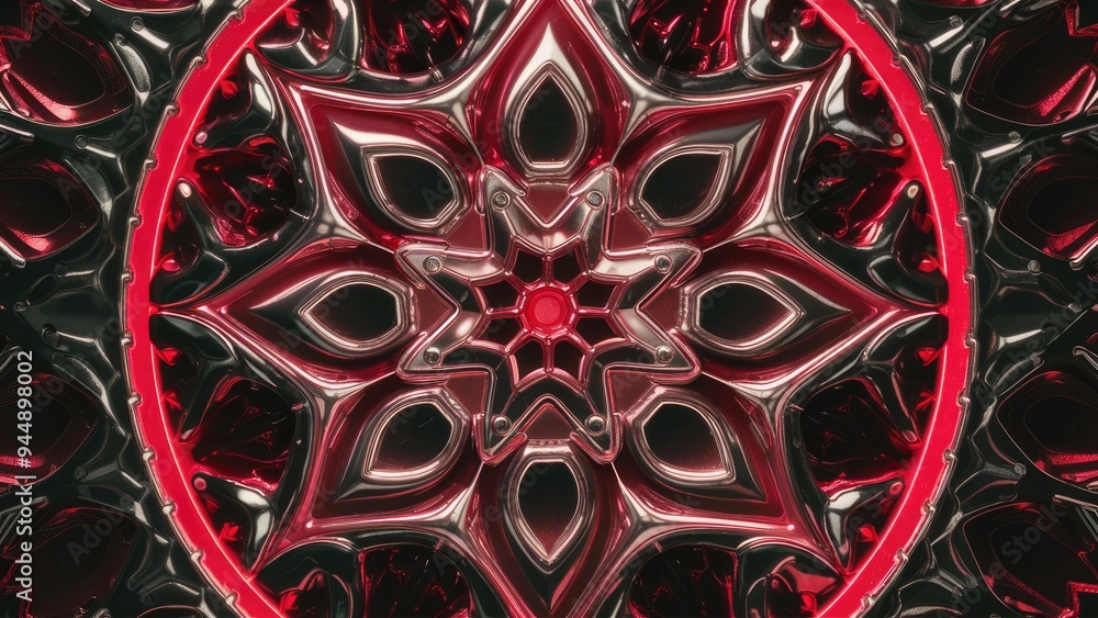 Aufkleber intricate metallic pattern with illuminated red accents. 3d illustration.