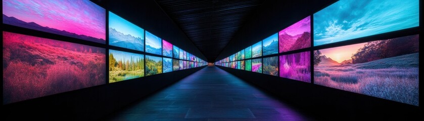 A colorful corridor lined with vibrant screens showcasing stunning landscapes and artistic visuals, creating an immersive experience.