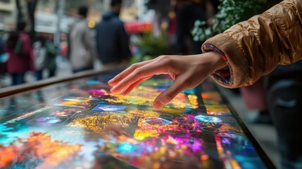 Event marketing with a focus on community sponsorships, a hand interacting with holographic event banners and sponsor logos