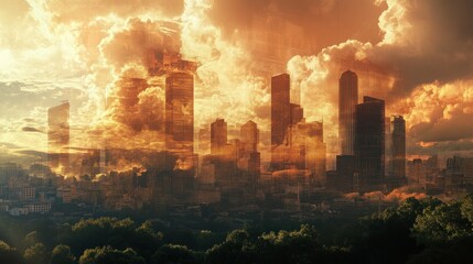 Obraz premium Cityscape with Golden Sunset Clouds