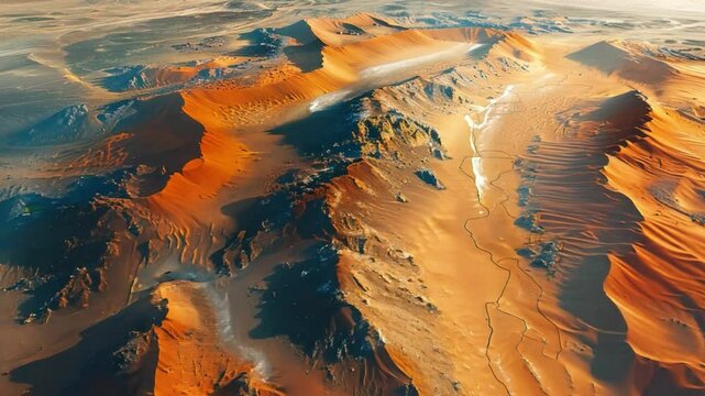 Bird's-eye view of a vast desert with sand dunes and trails.