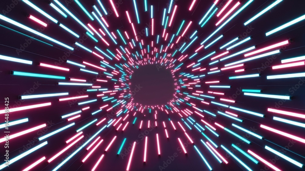 Poster journey through an infinite luminous tunnel of neon lines. abstract geometric 3d backdrop.
