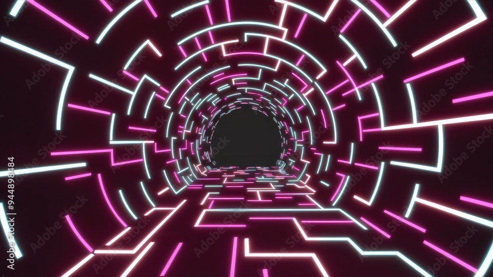 Poster journey through an infinite luminous tunnel of neon lines. abstract geometric 3d backdrop.
