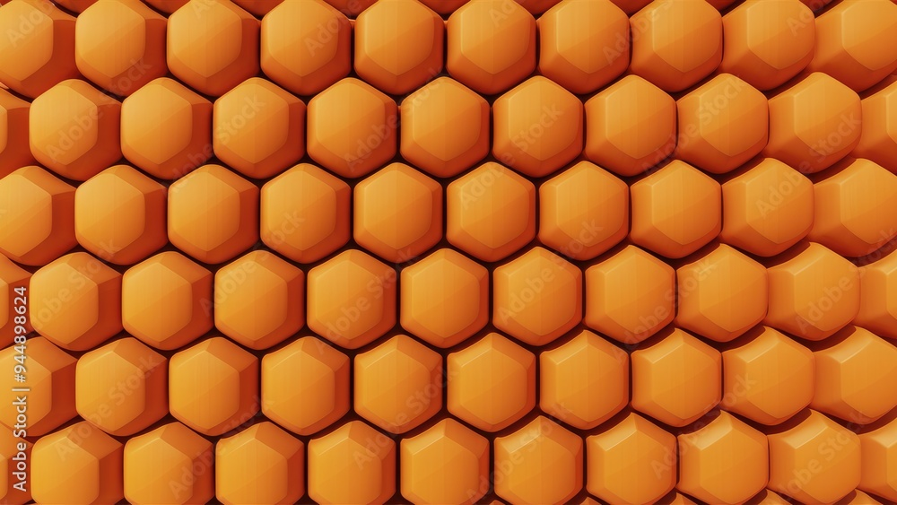 Poster matte surface of orange hexagon honeycomb shapes on white background. vibrant 3d rendering of hexago