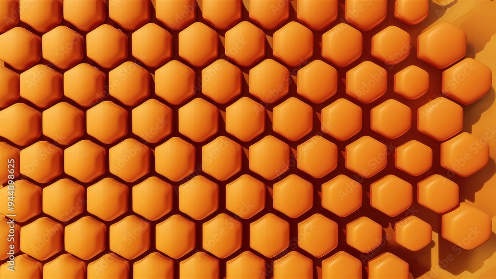 Poster matte surface of orange hexagon honeycomb shapes on white background. vibrant 3d rendering of hexago