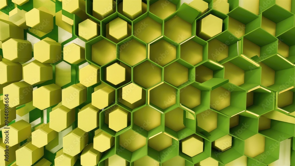 Poster matte green hexagon honeycomb patterns on a white backdrop. vibrant 3d visualization of hexagonal be