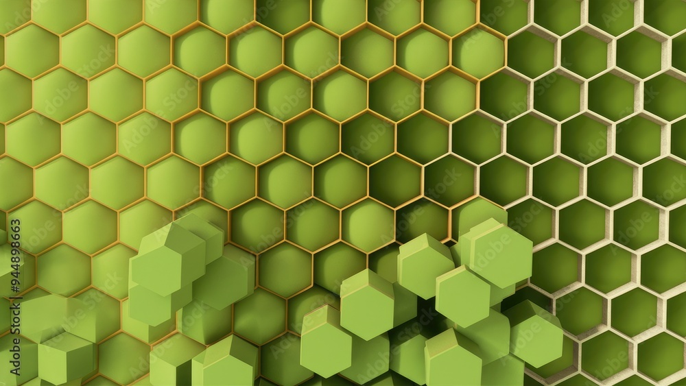 Poster matte green hexagon honeycomb patterns on a white backdrop. vibrant 3d visualization of hexagonal be