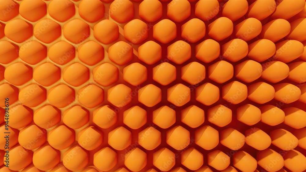 Poster matte surface of orange hexagon honeycomb shapes on white background. vibrant 3d rendering of hexago