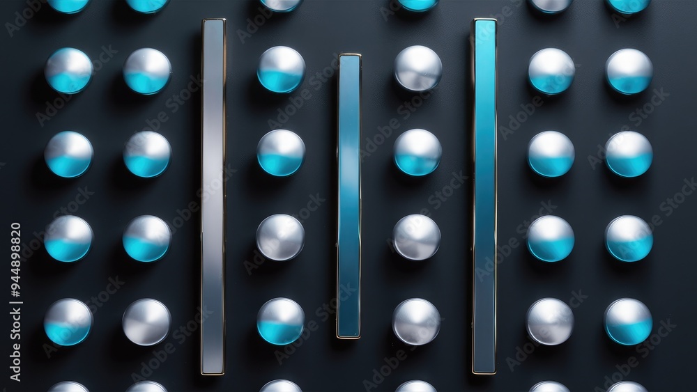 Poster metallic gradient bars and circles in gray and blue on a dark backdrop.