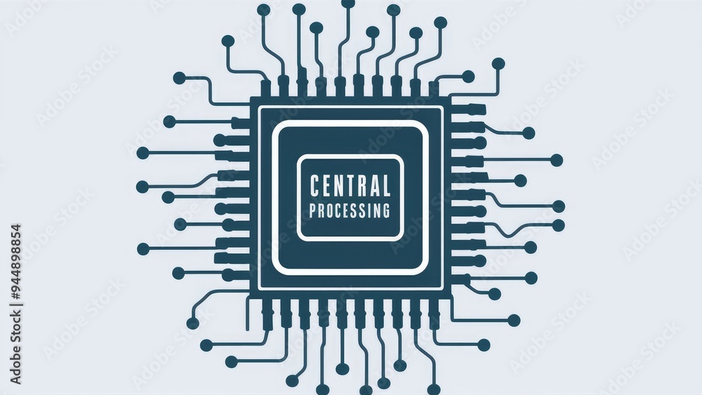Poster microchip design featuring a central processing unit, symbolizing a country's outline with a modern 