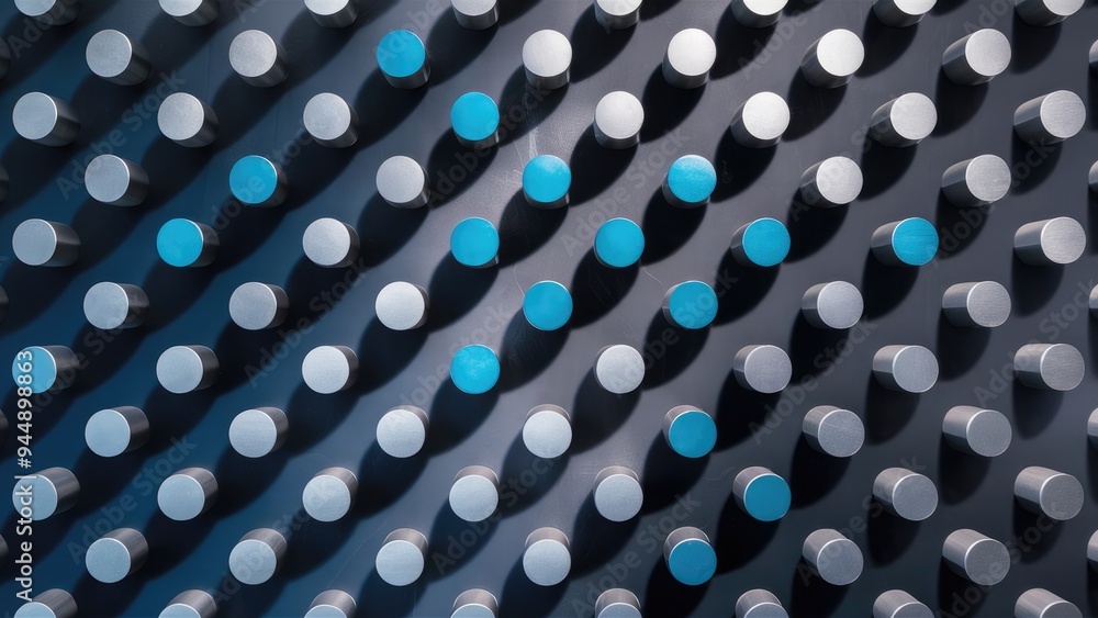 Poster metallic gradient bars and circles in gray and blue on a dark backdrop.
