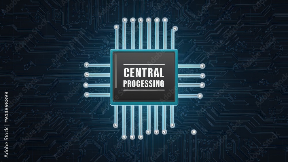 Poster microchip design symbolizing a country's outline, featuring a central processing unit on a black bac