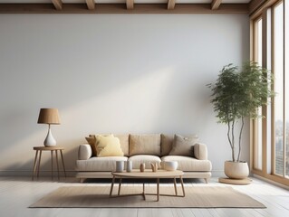 Minimalist Living Room with Beige Sofa, Wooden Coffee Table, and Plant