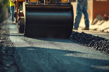 A road paving machine smoothly laying down fresh asphalt on a suburban street. Workers guide the machine, ensuring