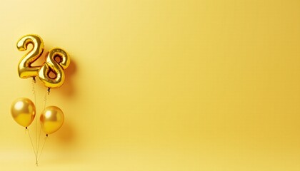 Banner with number 28 golden balloon with copy space. Twenty-eighth birthday celebration on a solid color background.