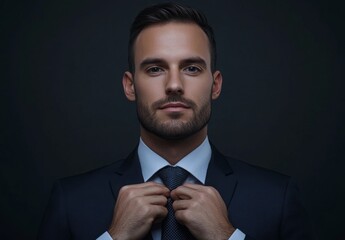A businessman adjusting his tie, looking directly at the camera, with copy space above and below