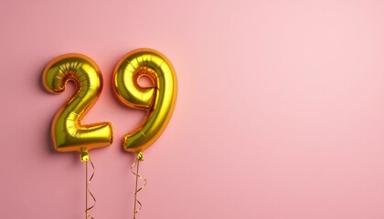 Banner with number 29 golden balloon with copy space. Twenty-ninth birthday celebration on a solid color background.