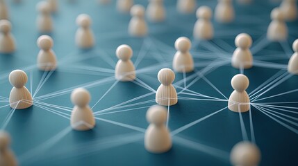 Dynamic Connectivity: A Stunning Poster Design Featuring Wooden Avatars Linked by White Threads on Azure, Perfect for Sports Interiors and Creative Spaces