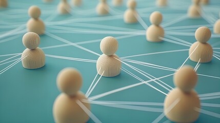 Obraz premium Dynamic Connectivity: A Stunning Poster Design Featuring Wooden Avatars Linked by White Threads on Azure, Perfect for Sports Interiors and Creative Spaces