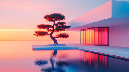 bonsai trees and modern houses in the middle of a calm sea of ​​colored light