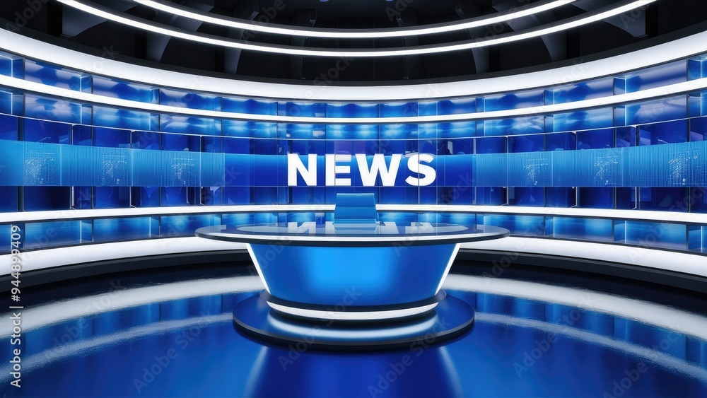 Poster modern news studio setting with a blue table and led backdrop, 3d rendering.