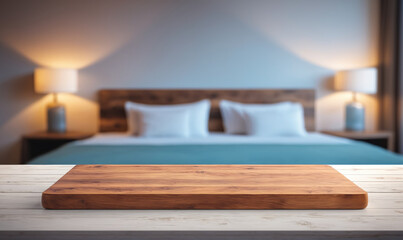 A wooden table with a blurry background of a bedroom with a bed and lamps