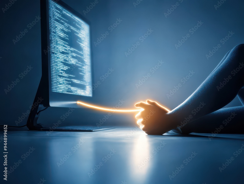Poster a hand reaches toward a glowing computer screen, symbolizing connection and technology in a dark, fu