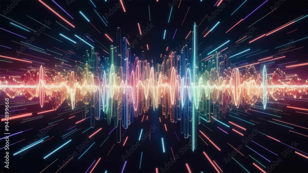 Poster multicolored waveform illustration on a bright background, representing sound waves and data visuali