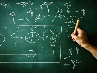 A hand illustrates strategic plays on a chalkboard, showcasing sports tactics and movements with diagrams and arrows.