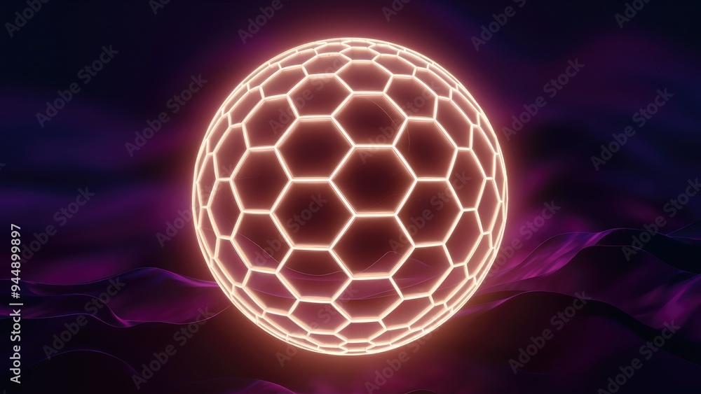 Poster neon glowing abstract hexagonal sphere - 3d rendering and illustration