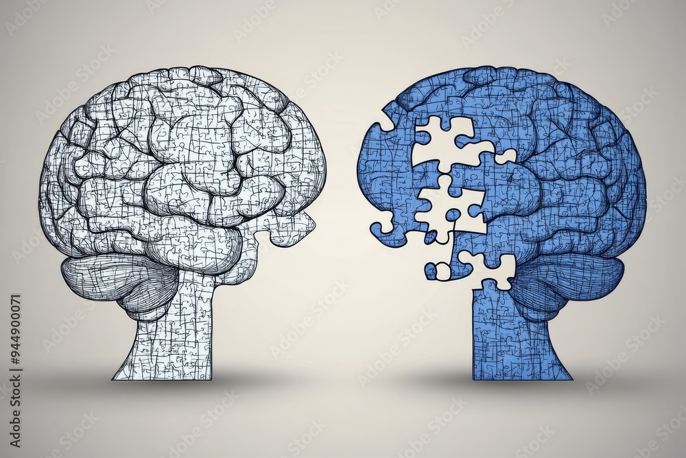 Poster conceptual illustration of two human profiles with puzzle brain illustrations representing mental he
