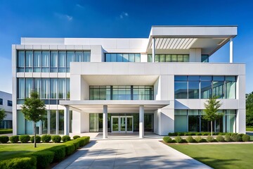 Modern White Office Building with Glass Windows.