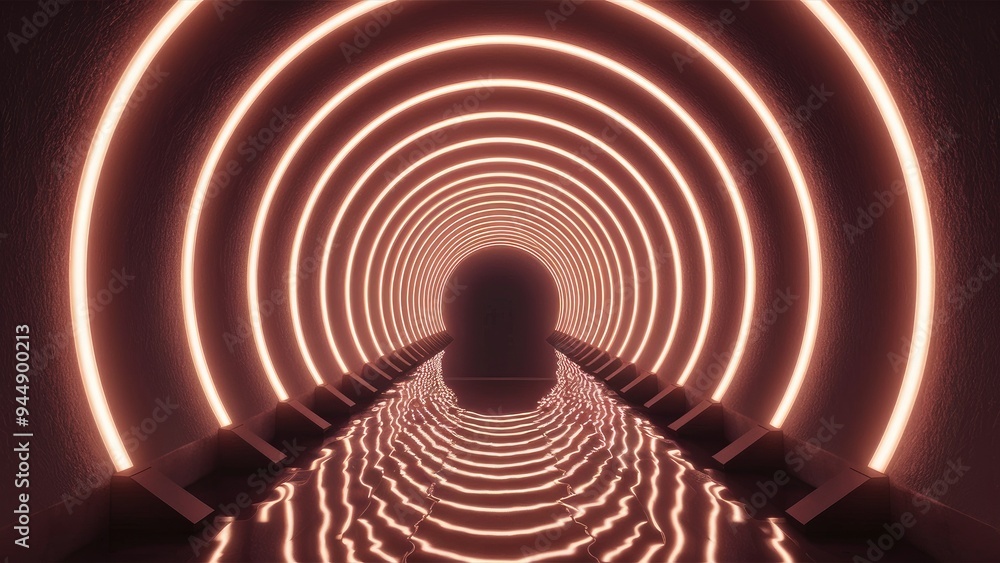 Poster neon tunnel with reflective perspective - 3d rendering