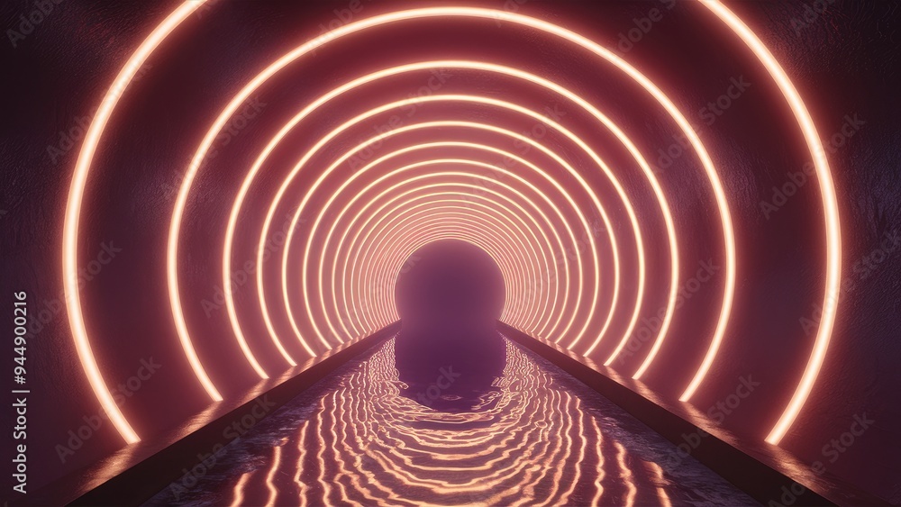 Poster neon tunnel with reflective perspective - 3d rendering
