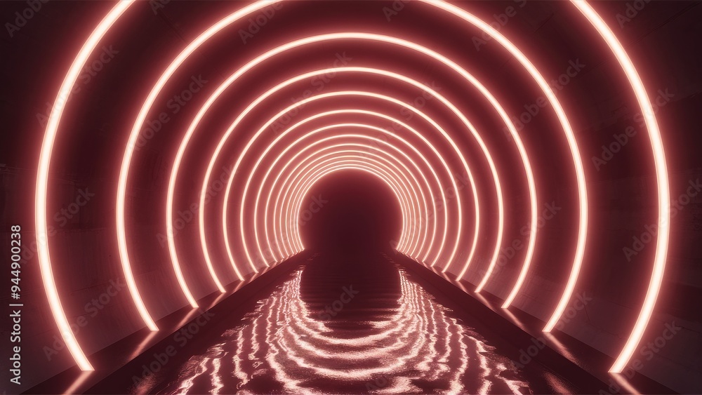 Poster neon tunnel with reflective perspective - 3d rendering
