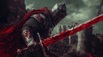 Bloody Knight with Sword in Epic Medieval Battle Scene