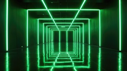  Neon green lights brighten a dimly lit space, forming a symmetrical pattern on the floor.