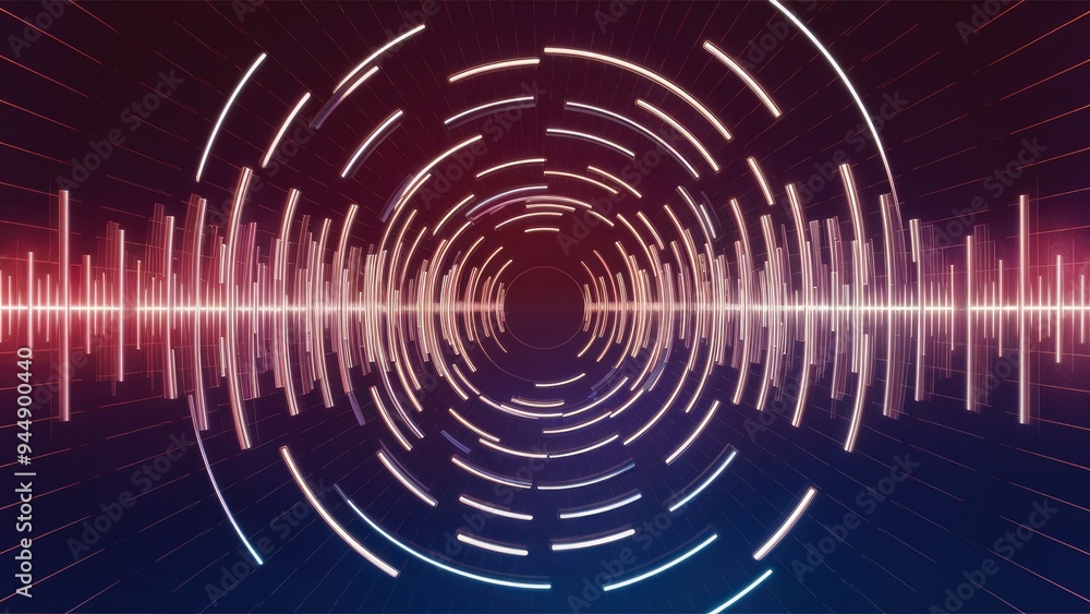 Poster oscillating frequency wave patterns: exploring themes of education, research, and modern science.