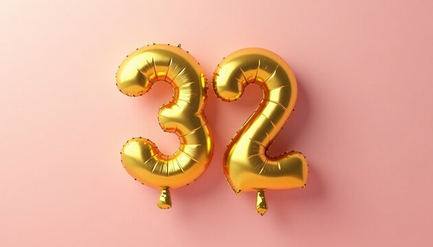 Banner with number 32 golden balloon with copy space. Thirty-second birthday celebration on a solid color background.