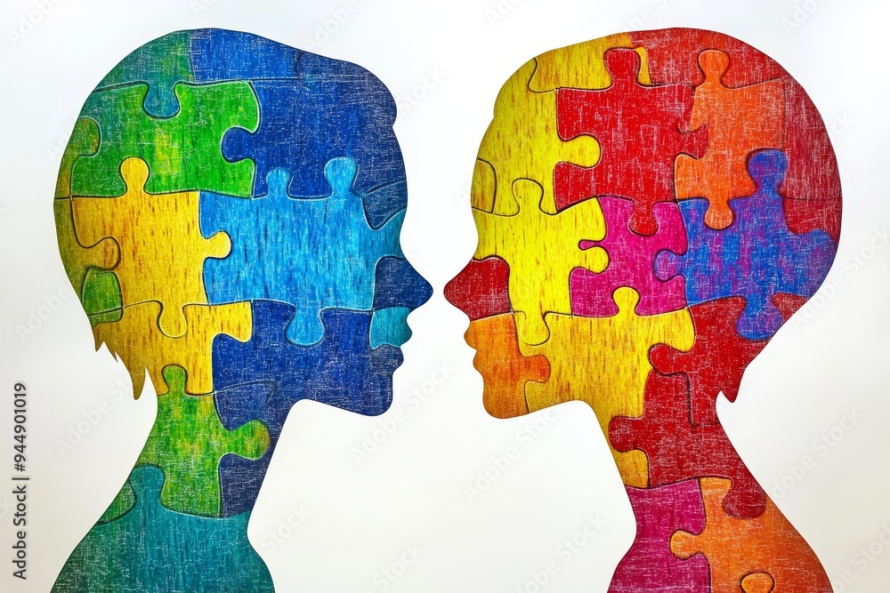 Poster colorful puzzle piece silhouettes facing each other symbolizing human connection diversity and colla