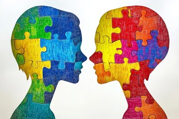Colorful Puzzle Piece Silhouettes Facing Each Other Symbolizing Human Connection Diversity and Collaborative Problem Solving in a Vibrant Artistic Style